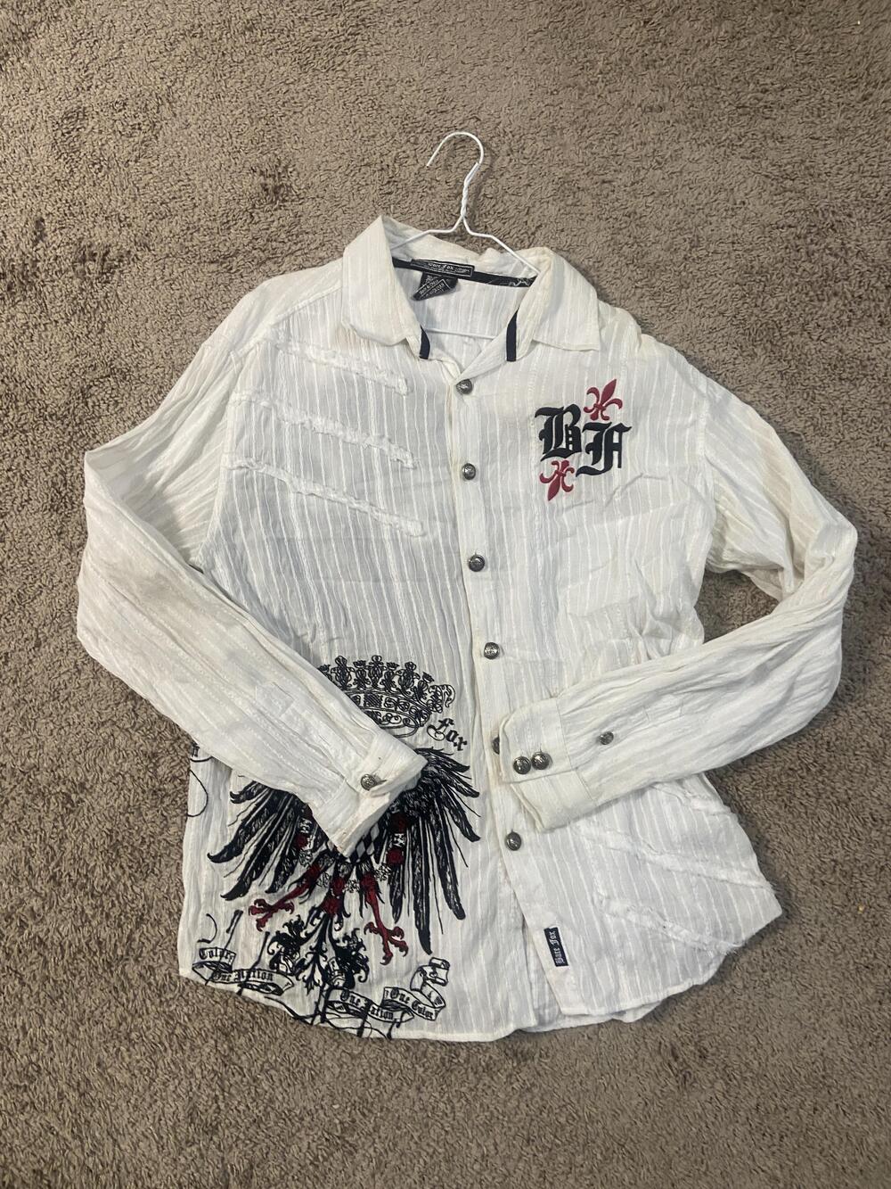 Bare Fox Shirt Mens 2XL White Graphic Crown Eagle Gothic Button Up Long Sleeve
